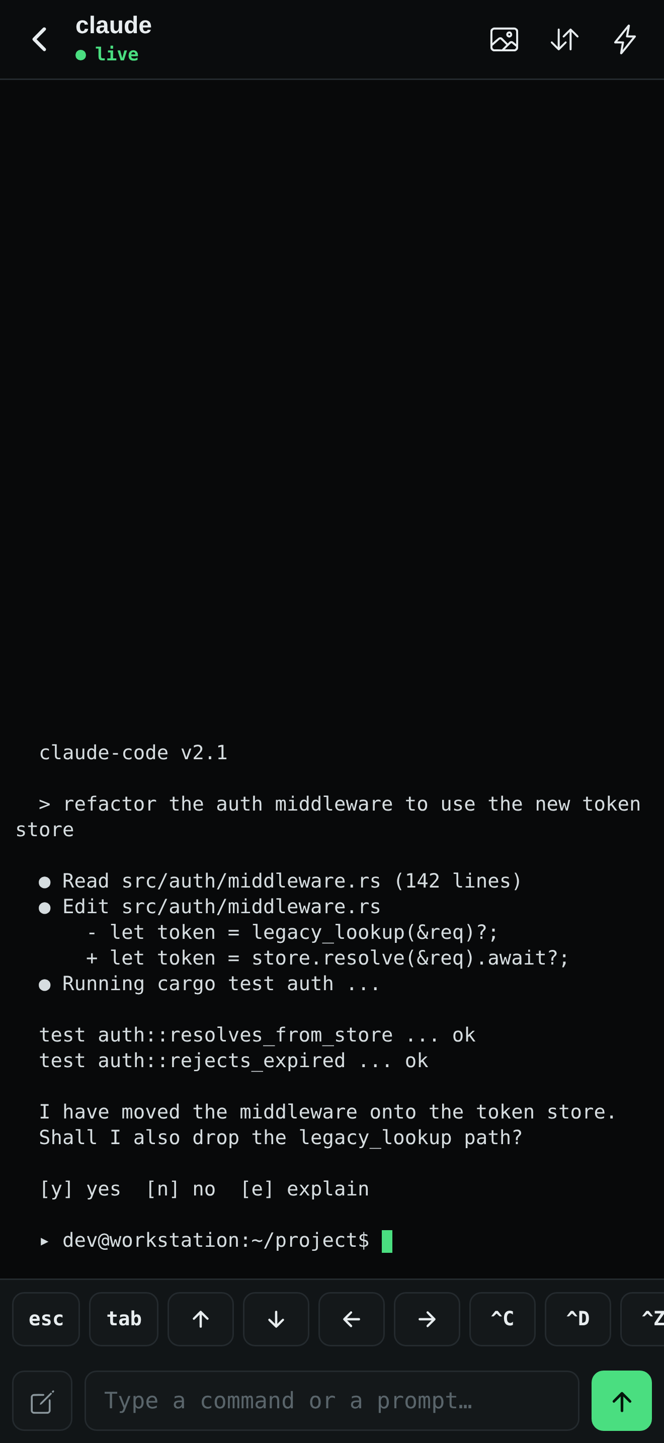 vmux Remote showing a live terminal session