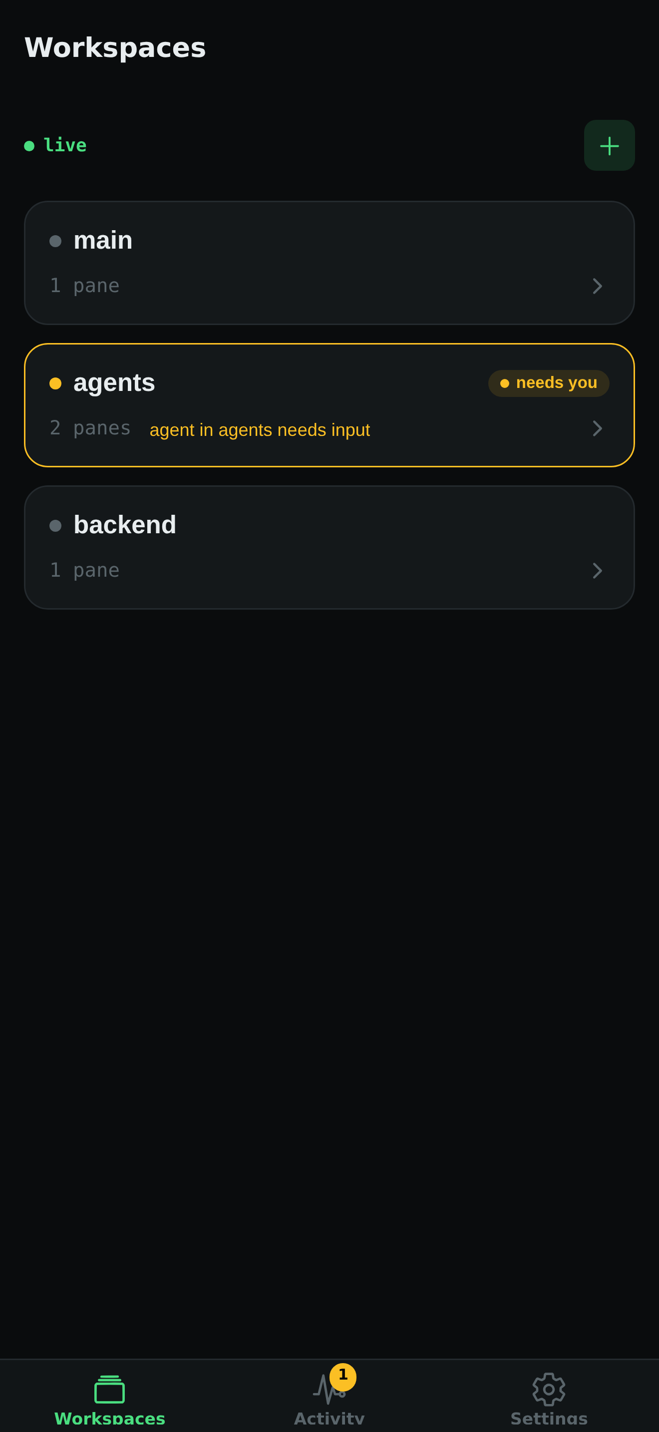 vmux Remote showing agent-aware workspaces